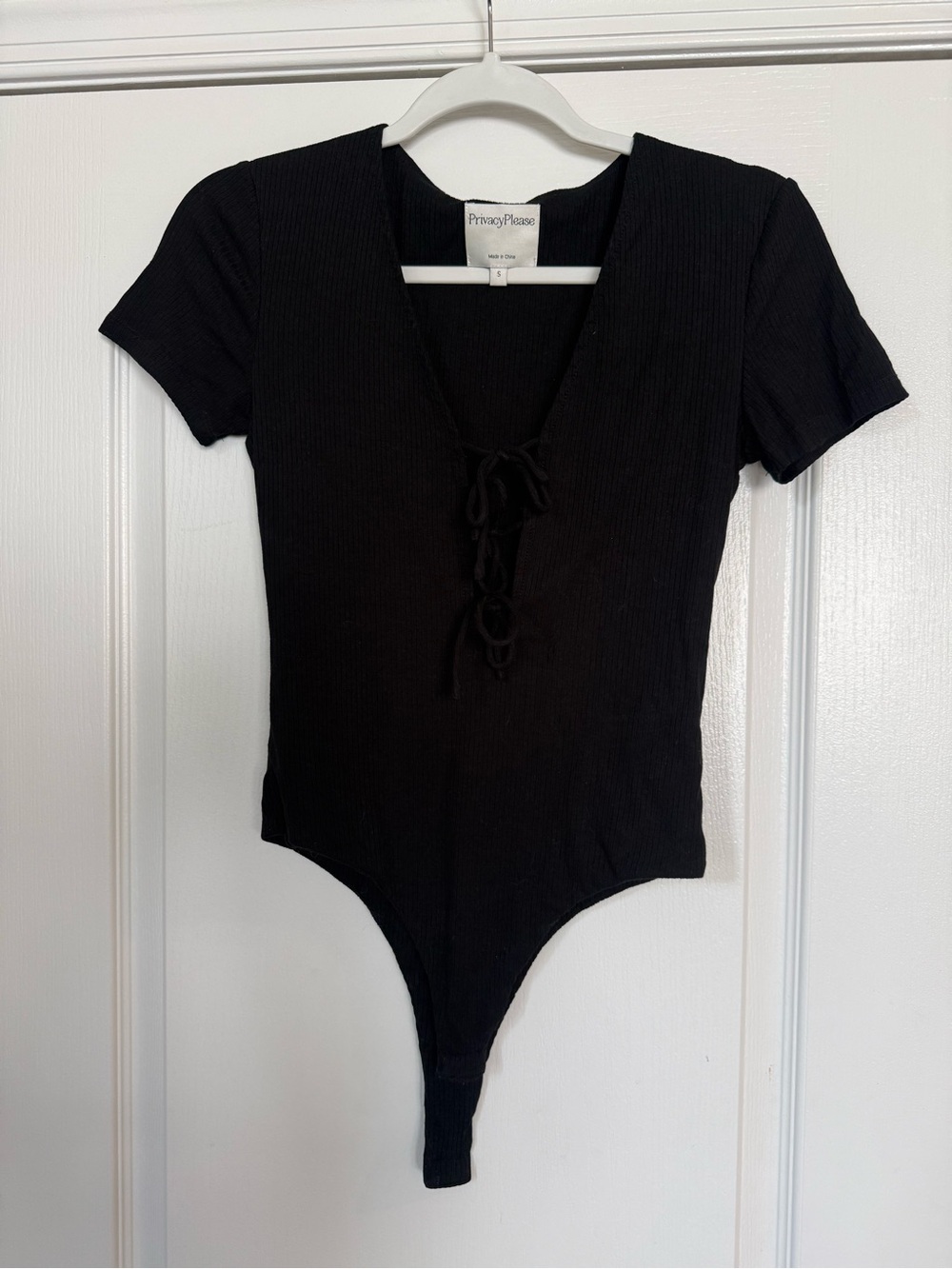 Privacy Please - Black Ribbed Lace-Up Thong Bodysuit - Size Small